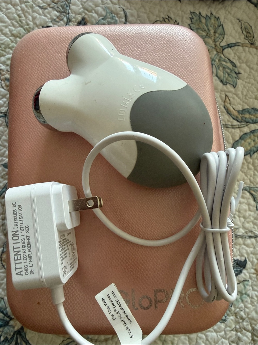 NuFace Handheld Facial Massager in White and Gray with USB Adapter